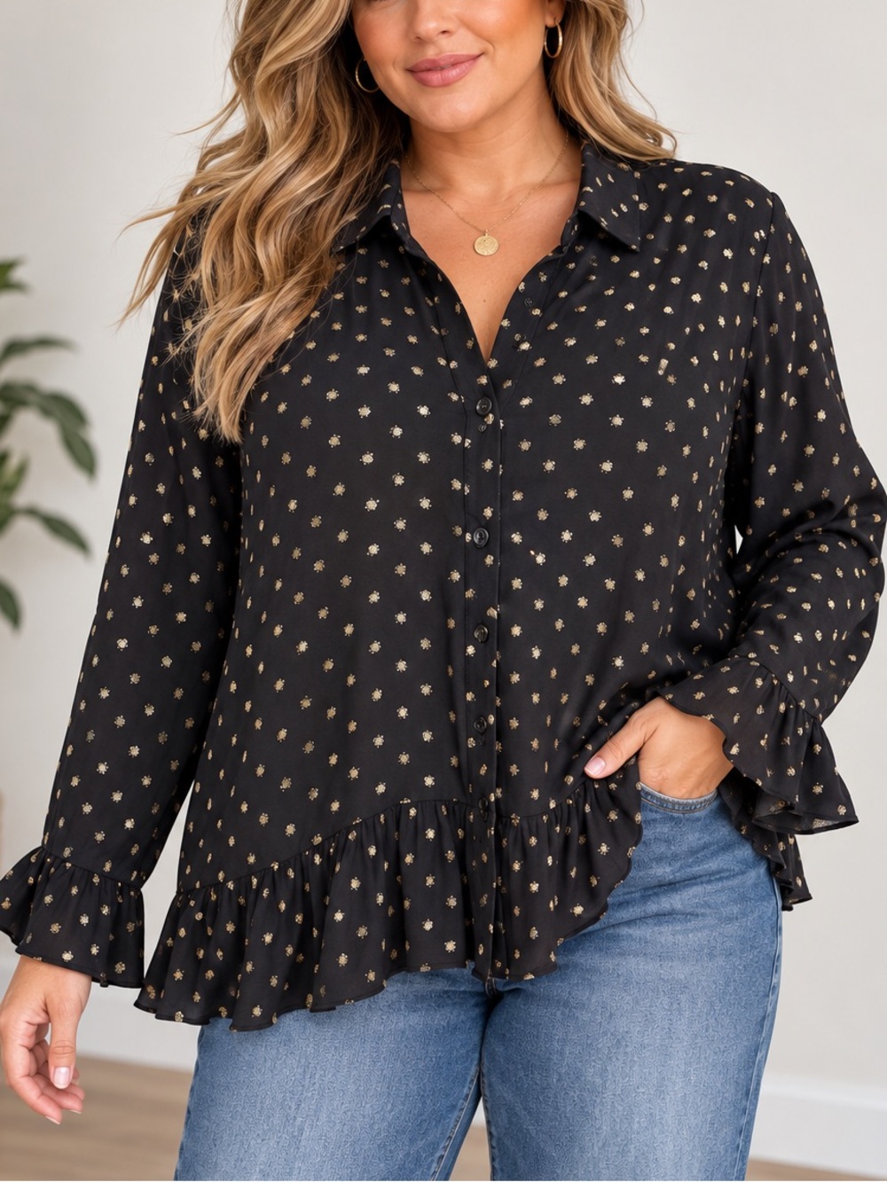 Boohoo Plus Black Gold Polka Dot Ruffle Peplum Blouse Button Up Size 18